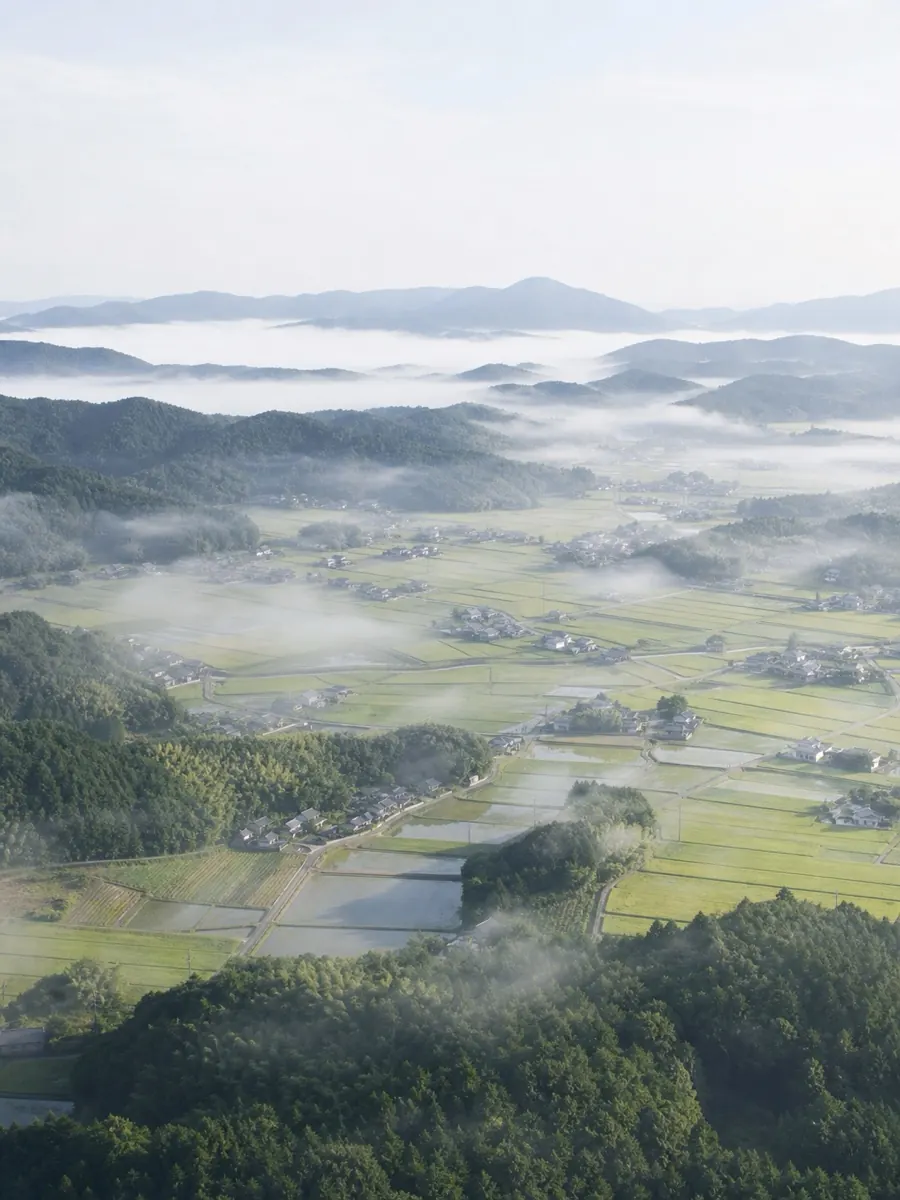 Morning mist drifting across the Iga basin in Mie, Japan