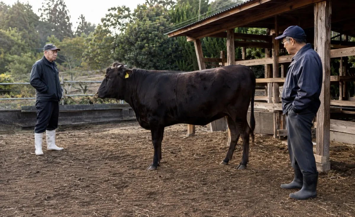 A buyer judging a live animal in the farmyard, the Iga way of choosing