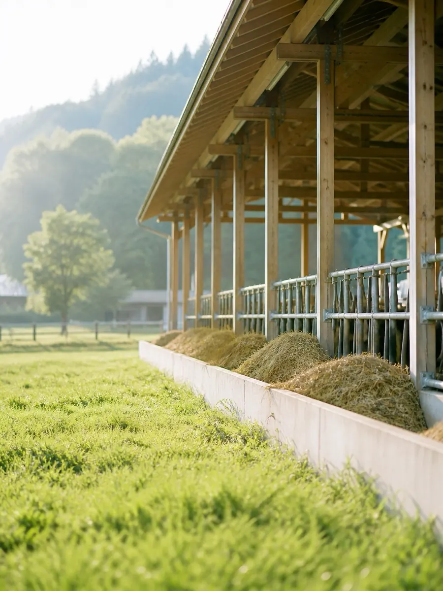 Morning light on the greenery around an Iga cattle barn