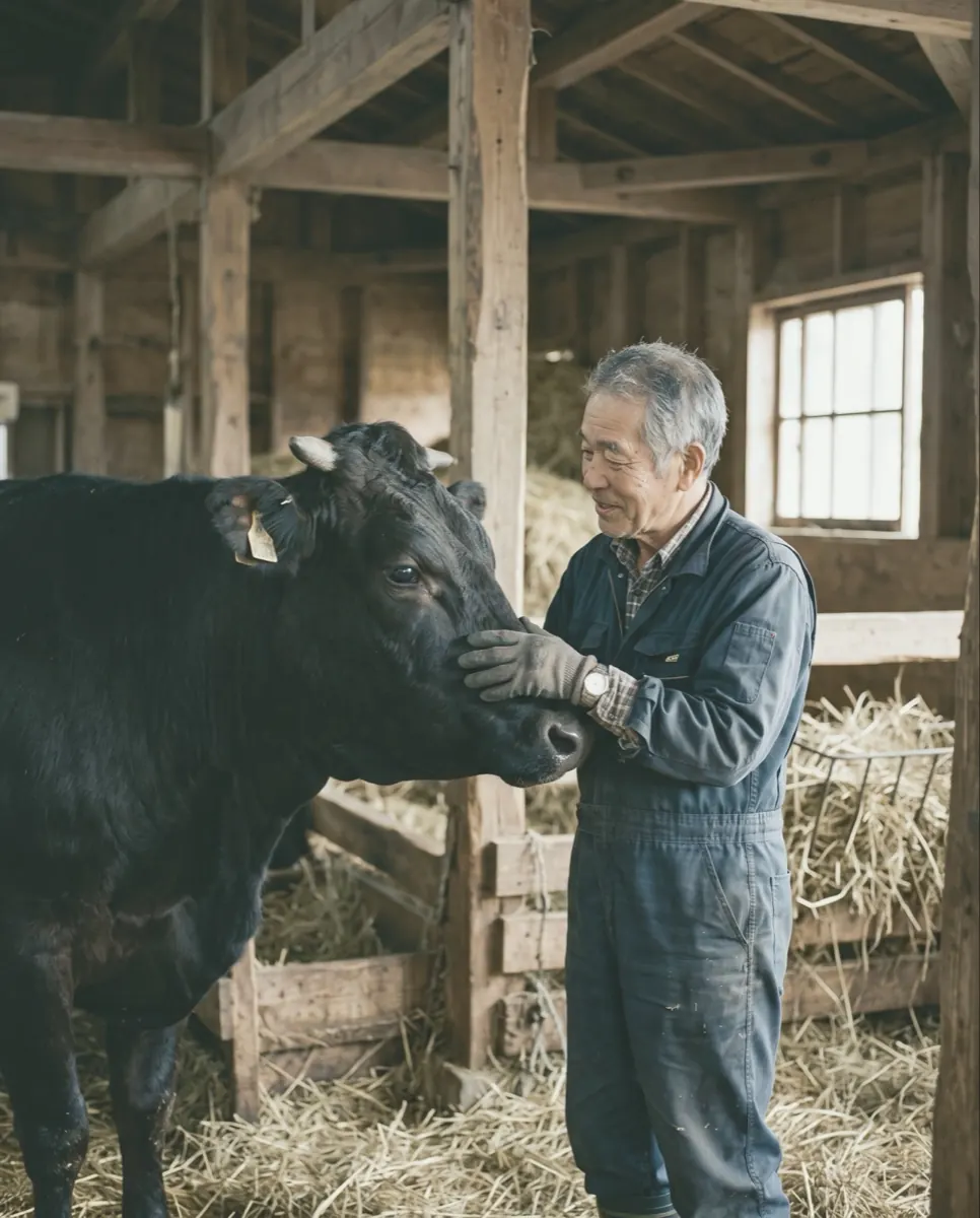 An Iga farmer with a hand on a Japanese Black's face in the barn