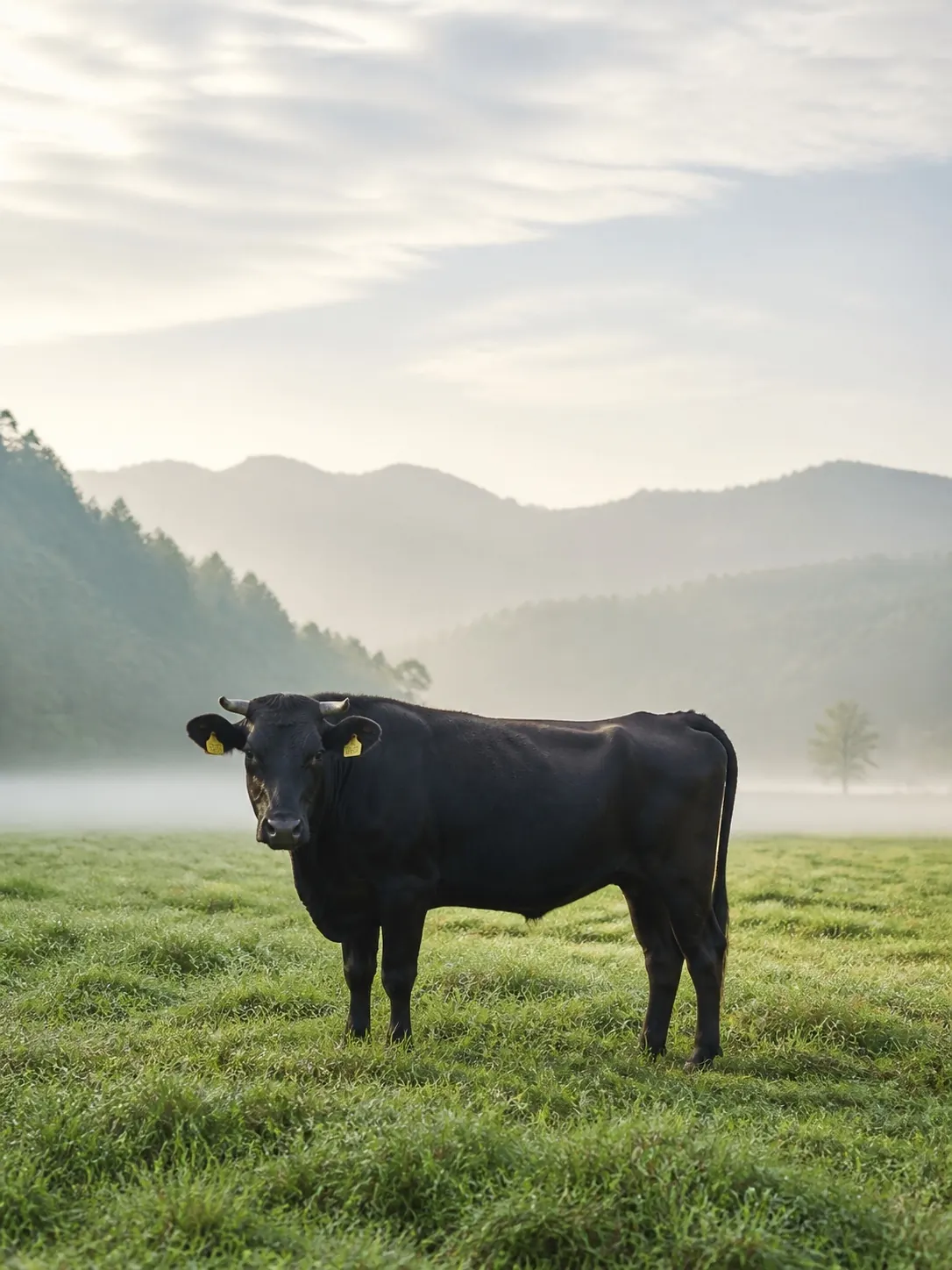 Japanese Black cattle standing in an Iga pasture