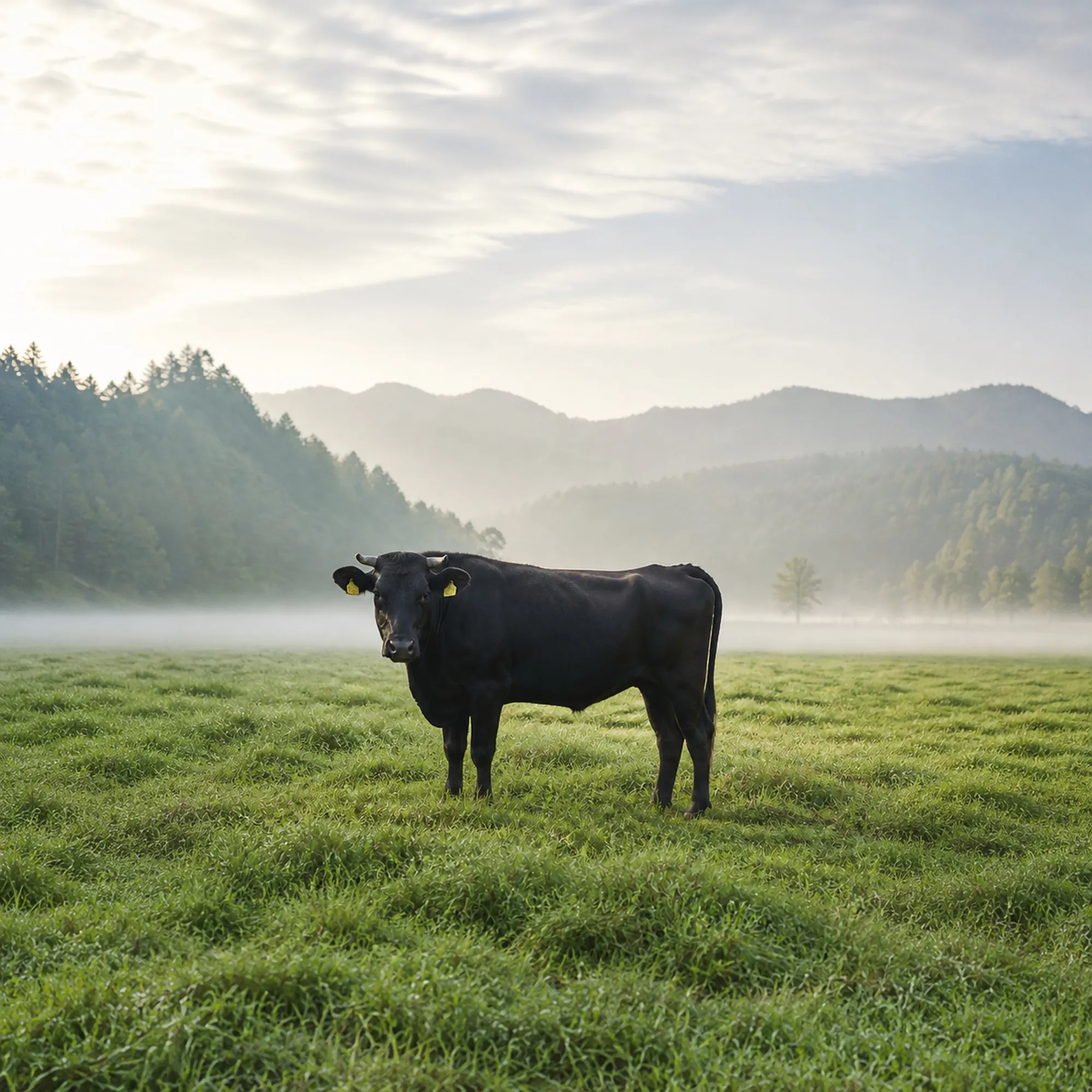 Japanese Black cattle standing in a pasture under morning mist, Iga, Mie