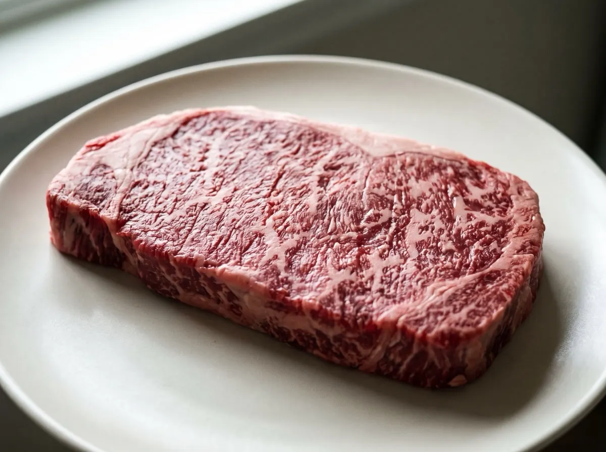 A single slice of Iga Beef served on a white porcelain plate