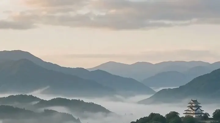 Iga Ueno castle town in morning mist, with its white keep